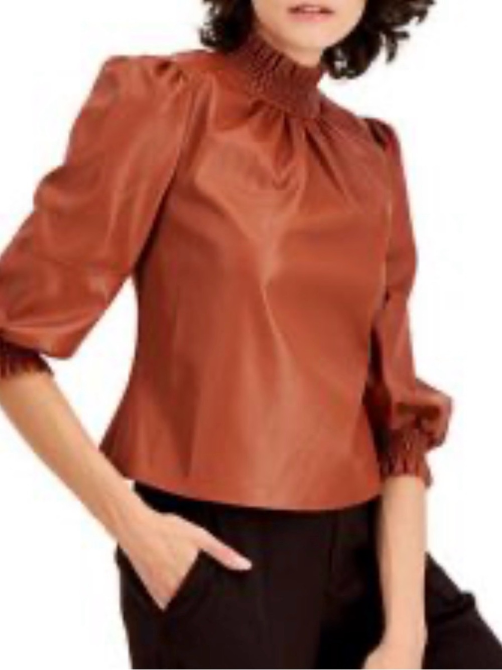 INC International Concepts Terracotta Smocked-Neck Long Sleeve Blouse Size:1X